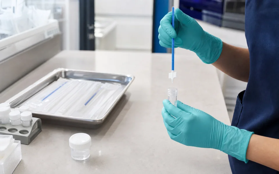 Profesional preparando un nuevo kit estéril para la toma de muestra cervical